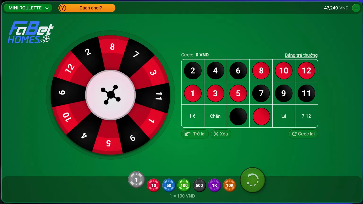 Chọn số tiền cược, chọn con số chẵn lẻ và đặt cược chơi Mini Roulette tại Fabet