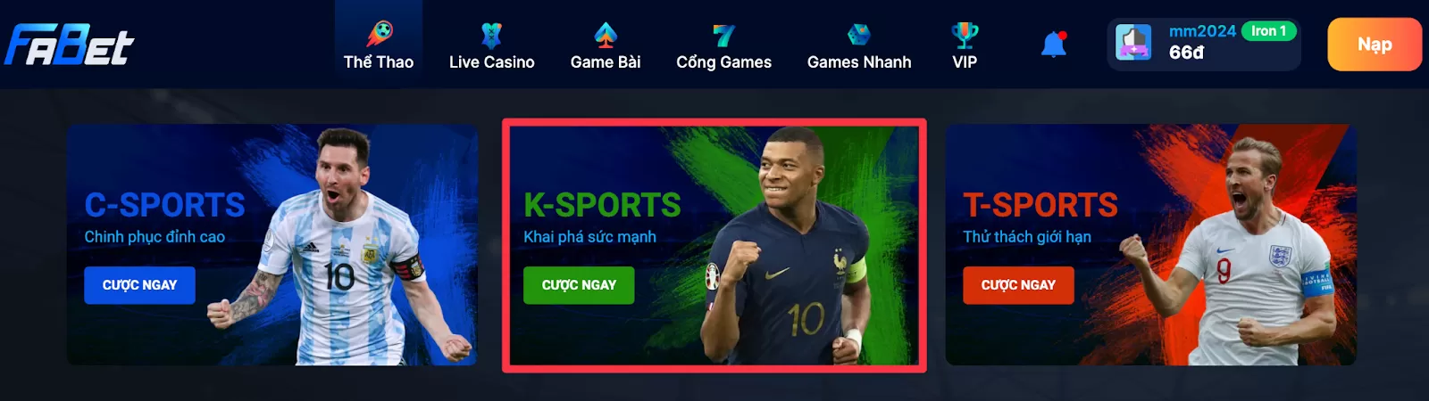 Truy cập trang web Fabet, Chọn sảnh K-Sport 